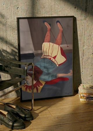 Overmeesterd door hypochondrie by Julian staal in a black frame leaning against a concrete wall by a steel chair