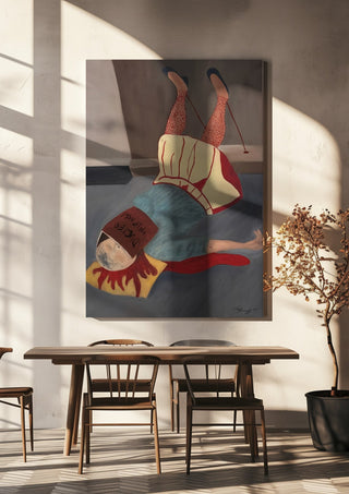 Overmeesterd door hypochondrie by Julian staal hanging above a wooden dining table in warm sunlight