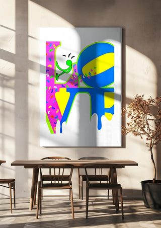 SAVE YOUR LOVE by NKo hanging above a wooden dining table in warm sunlight