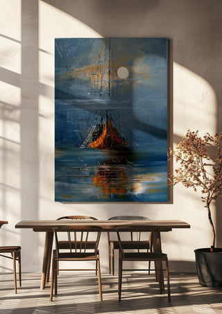 Moon over the Ship by Justyna Kopania hanging above a wooden dining table in warm sunlight