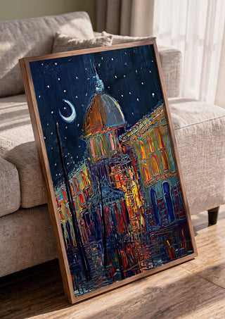 Crescent Moon over the City by Justyna Kopania in a walnut frame leaning against a grey sofa