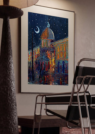 Crescent Moon over the City by Justyna Kopania framed in a dim room beside a tubular steel chair