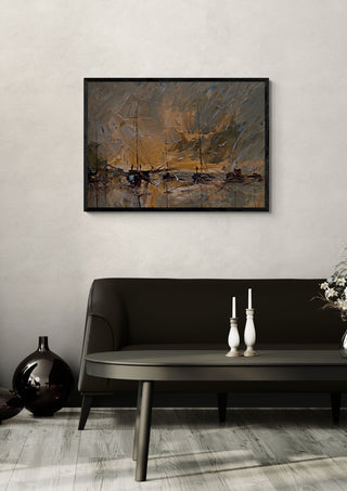 Harbour in Ochre by Justyna Kopania in a black frame above a dark sofa with candlesticks on a round table