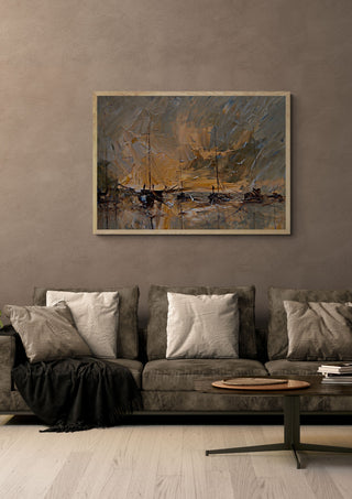 Harbour in Ochre by Justyna Kopania in a light oak frame above a grey sofa on a warm brown wall