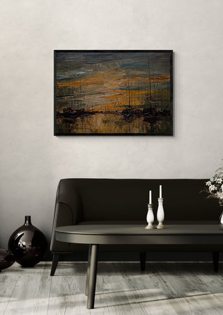 Harbour at Dusk by Justyna Kopania in a black frame above a dark sofa with candlesticks on a round table