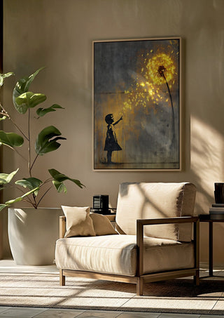Golden Dandeloin x Banksy by Decker Studios framed above a beige armchair beside a potted plant