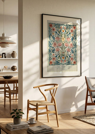FLEUR PRÉCIEUES by Annika Persson in a black frame in a bright dining room with wooden chairs