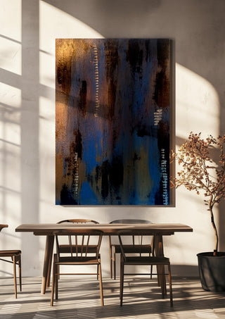 Script in Blue and Copper by Kristof ellertz hanging above a wooden dining table in warm sunlight
