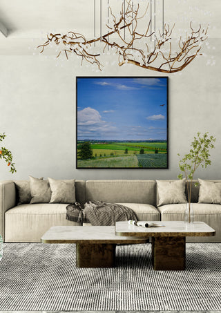 Uhlenhoch - East Germany by Juergen Duerrmann in a black frame above a cream sofa under a branch chandelier