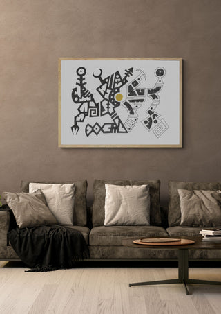 Open Line Glyphs by John Larkin in a light oak frame above a grey sofa on a warm brown wall