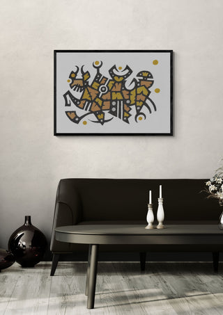 Ochre Glyphs by John Larkin in a black frame above a dark sofa with candlesticks on a round table