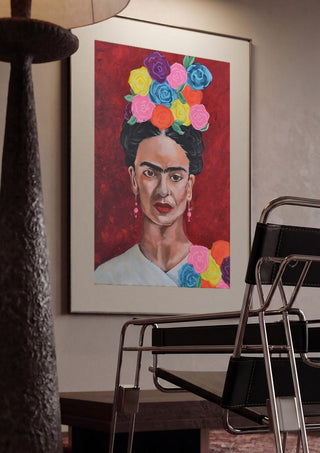 Frida Kahlo by creatievananne framed in a dim room beside a tubular steel chair