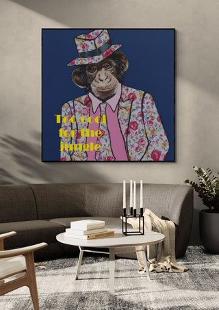 Too cool for the jungle! by creatievananne in a black frame above a dark sofa with candlesticks on a round table