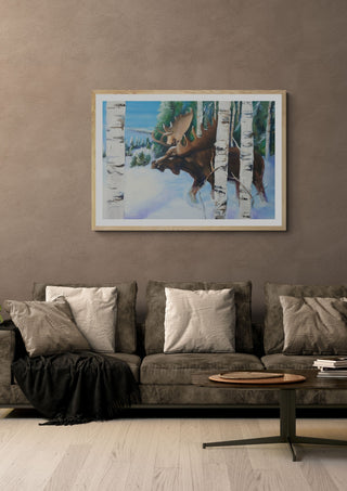 Moose by creatievananne in a light oak frame above a grey sofa on a warm brown wall
