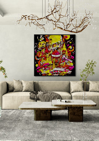 Melting City by BunteBeute in a black frame above a cream sofa under a branch chandelier