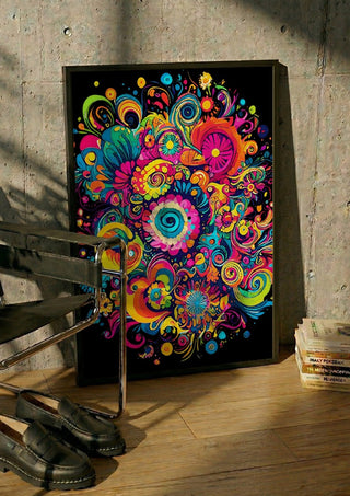 Psychedelic Bloom by BunteBeute in a black frame leaning against a concrete wall by a steel chair