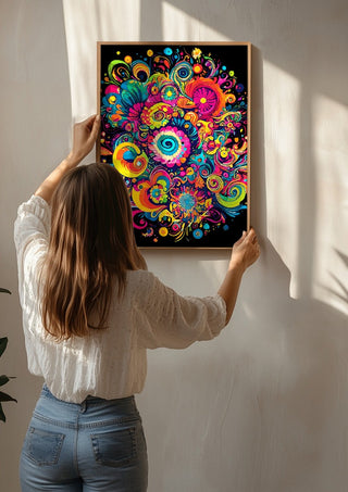 Psychedelic Bloom by BunteBeute being hung on a sunlit wall