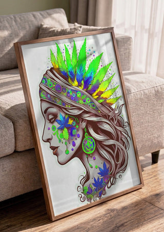 The Leaf Crown by BunteBeute in a walnut frame leaning against a grey sofa