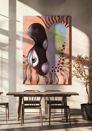 Two Heads, One Eye by Shimmering Ugly hanging above a wooden dining table in warm sunlight