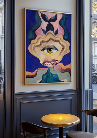 The Weeping Eye by Shimmering Ugly in an oak frame on a panelled cafe wall