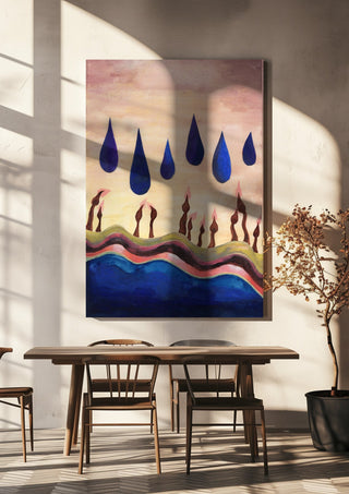 Candles Under Blue Drops by Shimmering Ugly hanging above a wooden dining table in warm sunlight