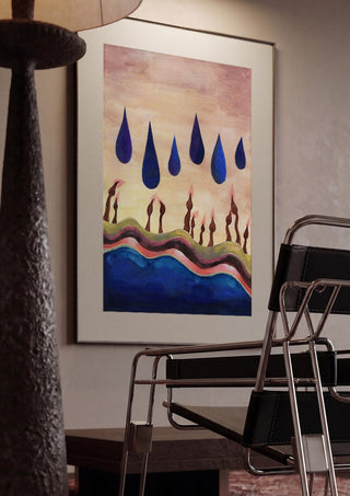 Candles Under Blue Drops by Shimmering Ugly framed in a dim room beside a tubular steel chair