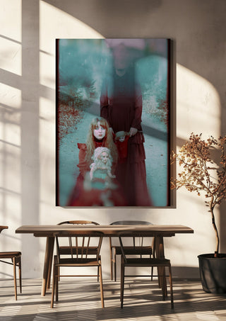 Edge of darkness by Bettinafloorphoto hanging above a wooden dining table in warm sunlight