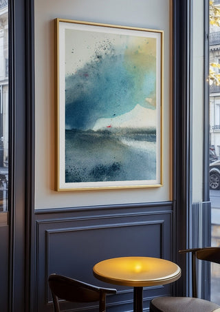 Blue October by Tania Zubareva in an oak frame on a panelled cafe wall