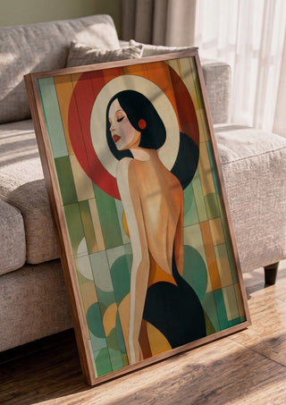 Golden Silence II by ArtySjak in a walnut frame leaning against a grey sofa
