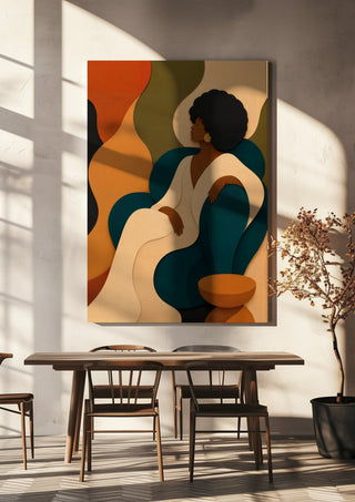 Seventies Lounge by ArtySjak hanging above a wooden dining table in warm sunlight