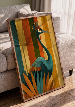 Crane of the Retro Forest by ArtySjak in a walnut frame leaning against a grey sofa