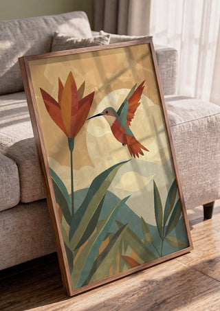 Hummingbird in Motion by ArtySjak in a walnut frame leaning against a grey sofa