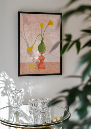 Crocus on pedestal by Creationsbyeditabrus in a black frame above a glass table with crystal glassware