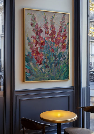 Red Snapdragon Flowers by DNF in an oak frame on a panelled café wall