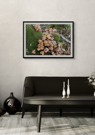 Skogens puls by Ljilja Marinic in a black frame on a pale wall above a dark sofa with candlesticks