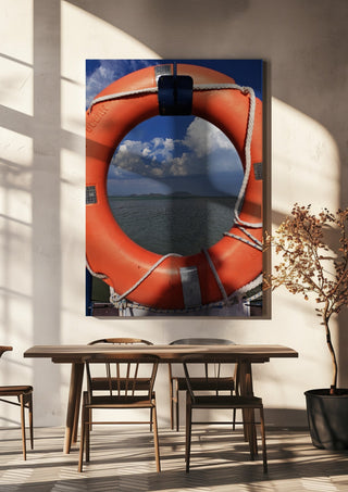Three Layers of Presence by Bora Kőhalmi hanging above a wooden dining table in warm sunlight