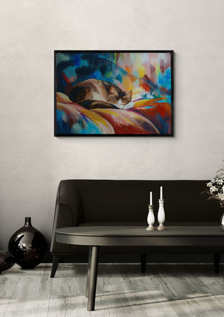 Während wir suchen by ELIZA Leopold in a black frame on a pale wall above a dark sofa with candlesticks