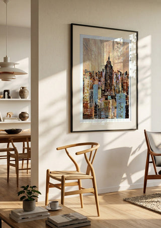 NYC by Art Anne Lee in a large black frame in a bright dining room