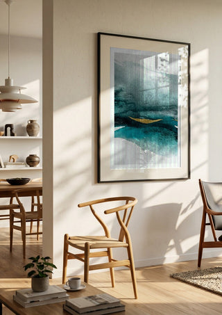 Emerald paradise by Tania Zubareva in a large black frame in a bright dining room