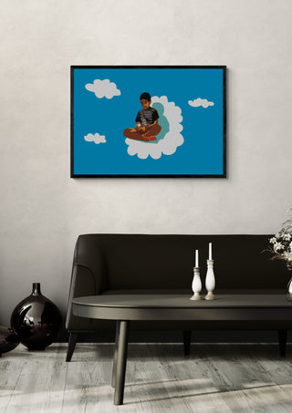 The kid on the cloud by Massimo Frascogna in a black frame on a pale wall above a dark sofa with candlesticks