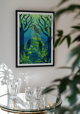 The Hierophant by Sciurus tarotus in a black frame above a glass table with crystal glassware