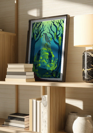 The Hierophant by Sciurus tarotus in a dark frame on a wooden shelf beside books and a lamp