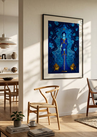 Justice by Sciurus tarotus in a black frame in a bright dining room with wooden chairs