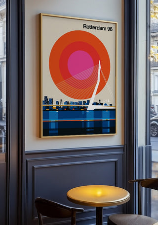 Rotterdam 96 by Bo Lundberg in an oak frame on a panelled café wall