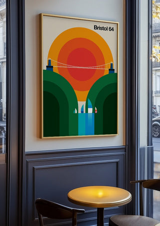 Bristol 64 by Bo Lundberg in an oak frame on a panelled café wall