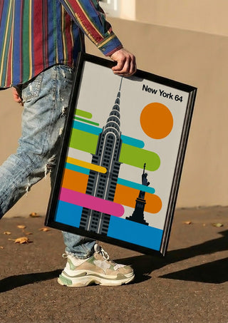 New York 64 by Bo Lundberg carried in a black frame along a sunny street