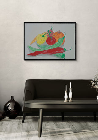 Nature's bounty by Sulaika Martis in a black frame on a pale wall above a dark sofa with candlesticks