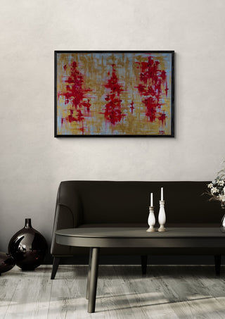 Die Tanzenden by ullimcart in a black frame on a pale wall above a dark sofa with candlesticks