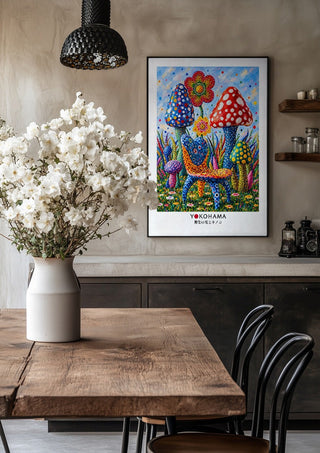 The Dotted Chair by Yokohama in a black frame above a rustic table with white flowers