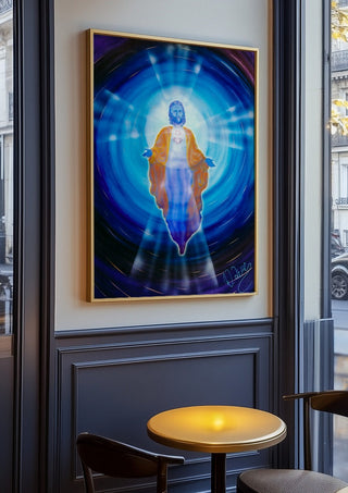 Jesus by Walter Zettl in an oak frame on a panelled café wall
